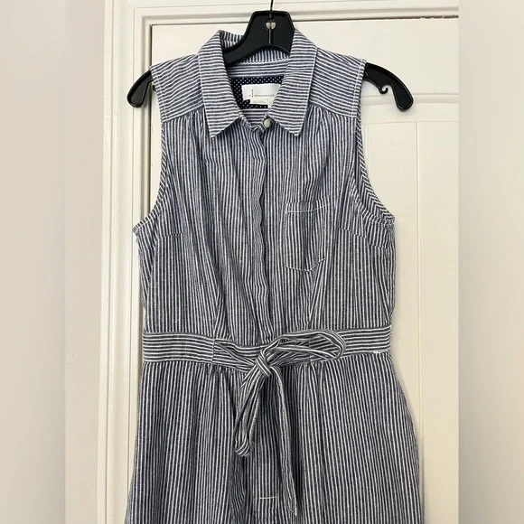 Anthropologie Blue White Striped Linen Blend Belted Romper - Picture 4 of 9
